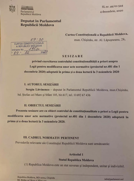 DOC - Partidul PAS A SESIZAT Curtea Constituțională referitor la anularea proiectului privind SIS