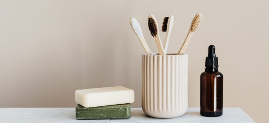 set of natural nonpolluting toiletries on marble table