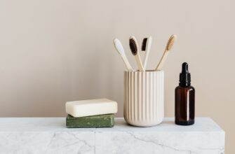 set of natural nonpolluting toiletries on marble table