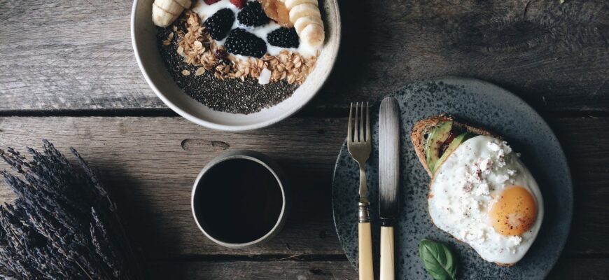 healthy breakfast with coffee on table
