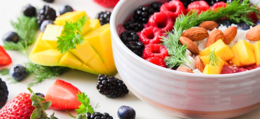 fruit salad in white ceramic bowl