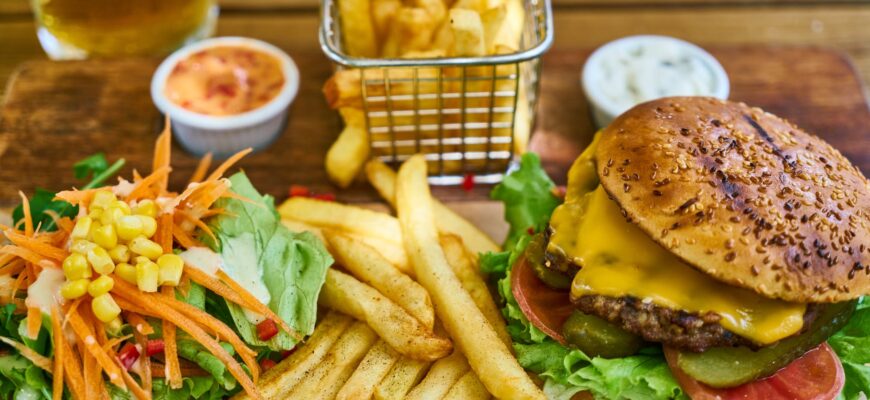 cheeseburger and fries