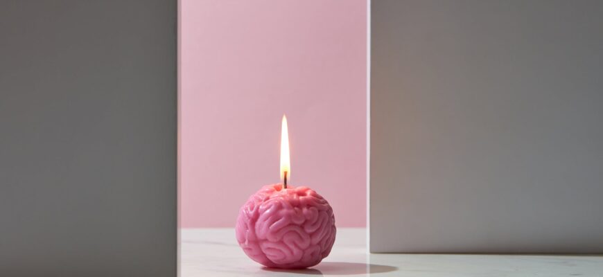 photograph of a lit brain candle