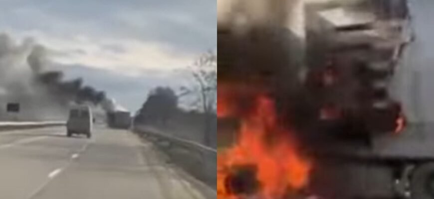 VIDEO// Un camion de mare tonaj a fost cuprins de flăcări pe drumul național Bălți-Chișinău