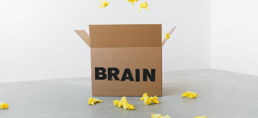 brain inscription on cardboard box under flying paper pieces
