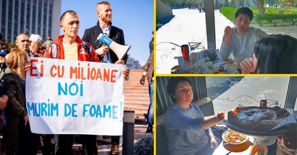 VIDEO// Natalia Gavrilița ia masa la câțiva pași de protestatari, în timp ce ei scandează: ”Noi murim de foame”