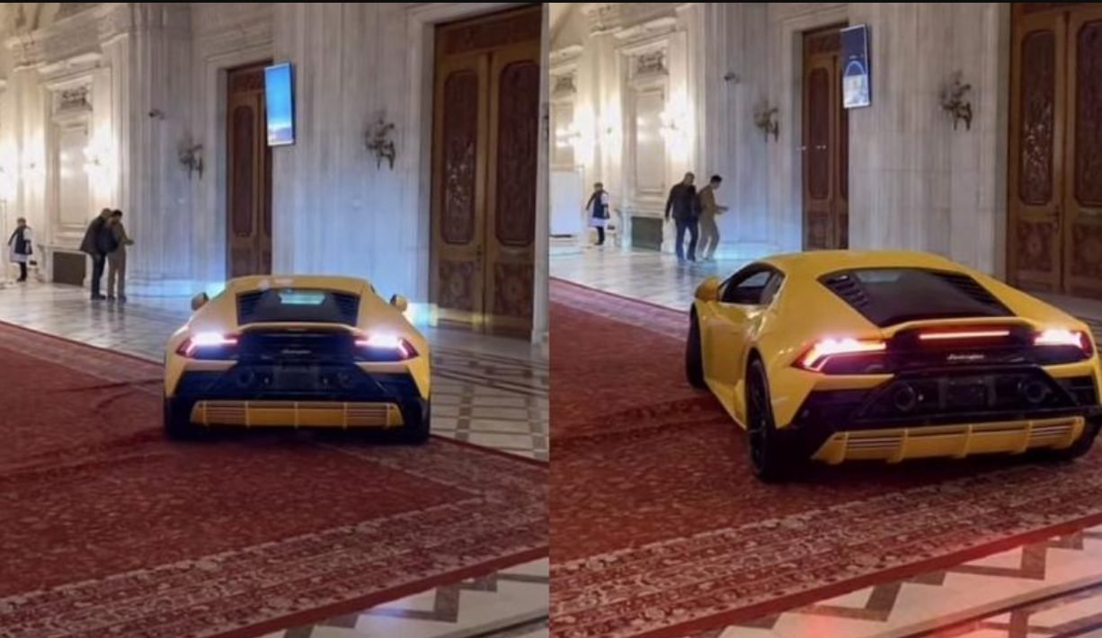 VIDEO// Un Lamborghini face „drifturi” pe holul Parlamentului. Imaginile au devenit virale pe internet