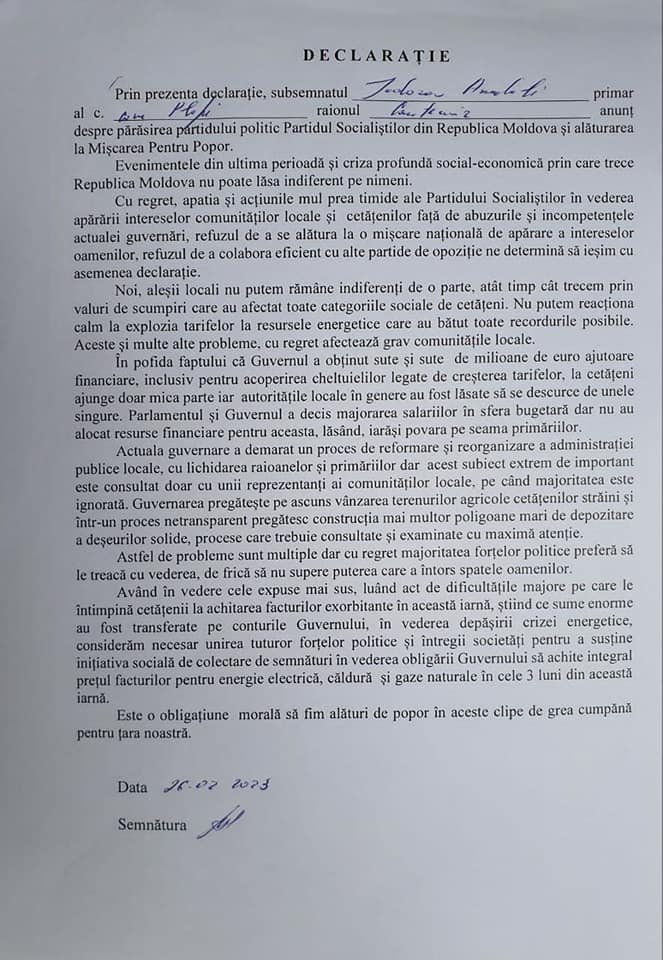 DOC// Nesterovschi ”le-a deschis calea”. Alți 10 primari PSRM au părăsit formațiunea și au anunțat că vor susține Mișcarea Națională pentru Popor