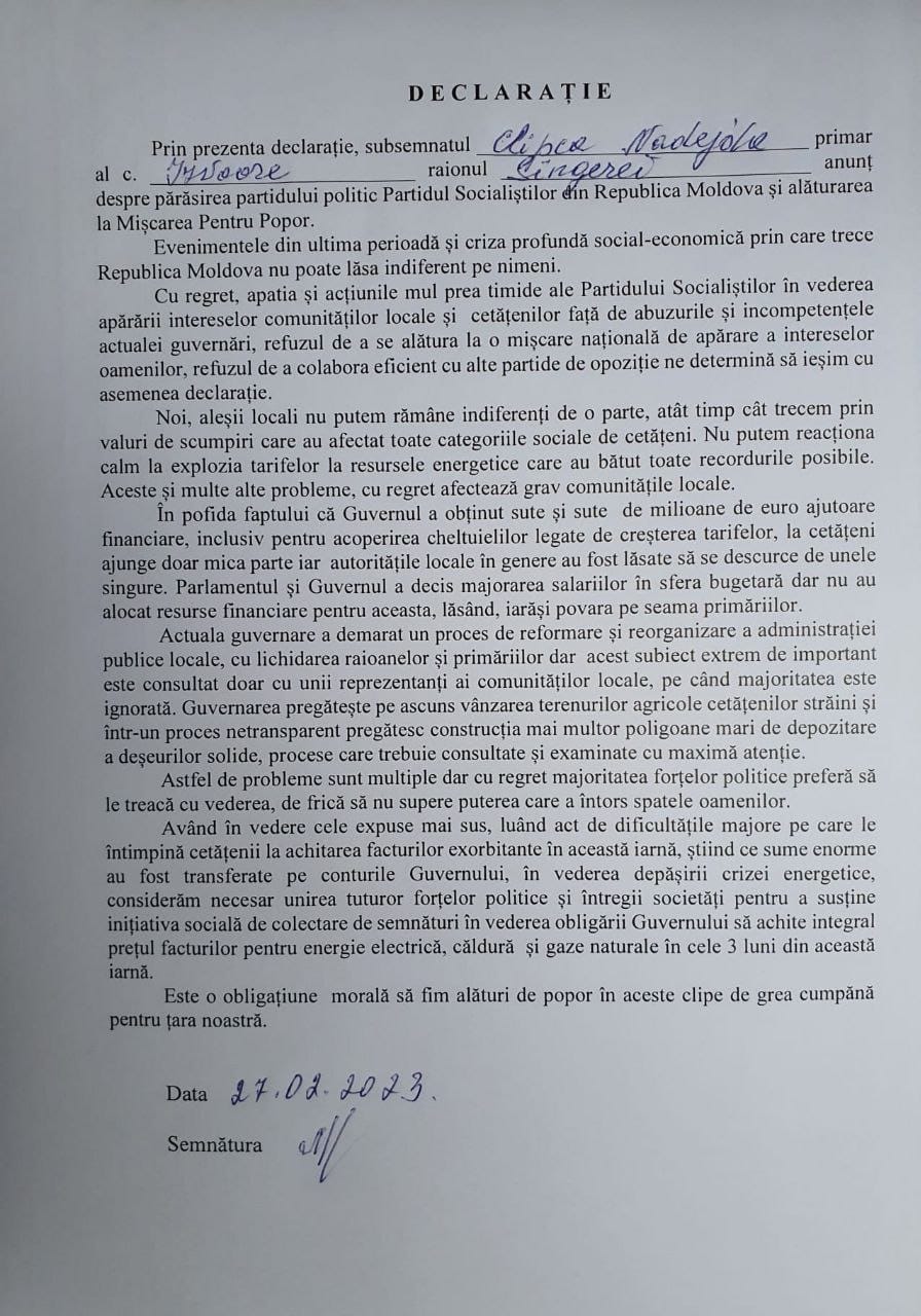 DOC// Nesterovschi ”le-a deschis calea”. Alți 10 primari PSRM au părăsit formațiunea și au anunțat că vor susține Mișcarea Națională pentru Popor