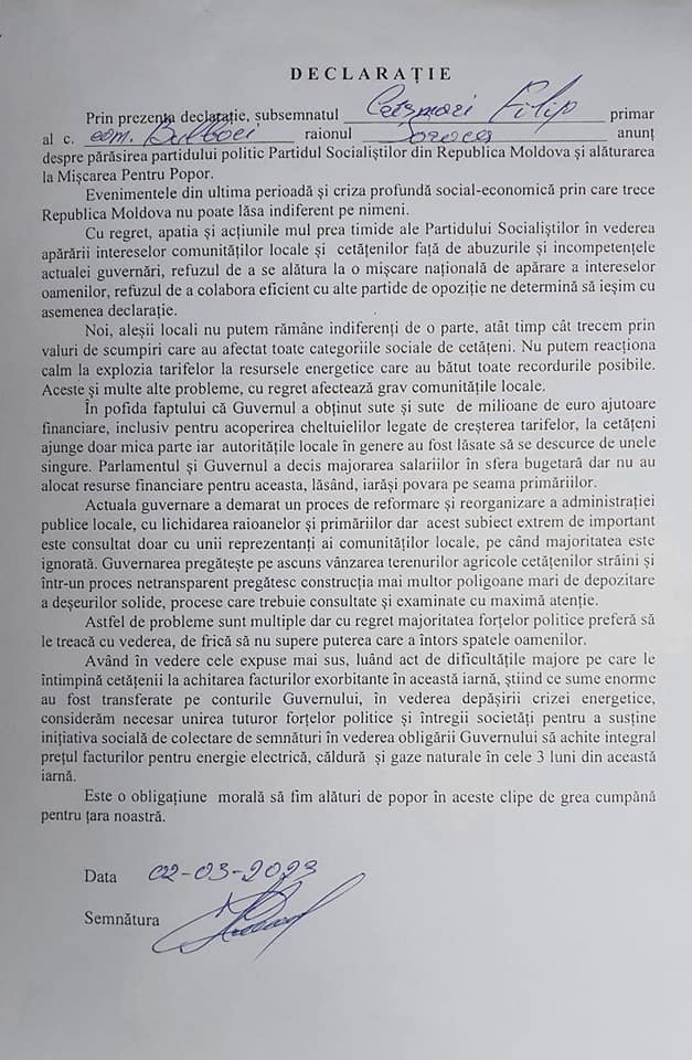 DOC// Nesterovschi ”le-a deschis calea”. Alți 10 primari PSRM au părăsit formațiunea și au anunțat că vor susține Mișcarea Națională pentru Popor