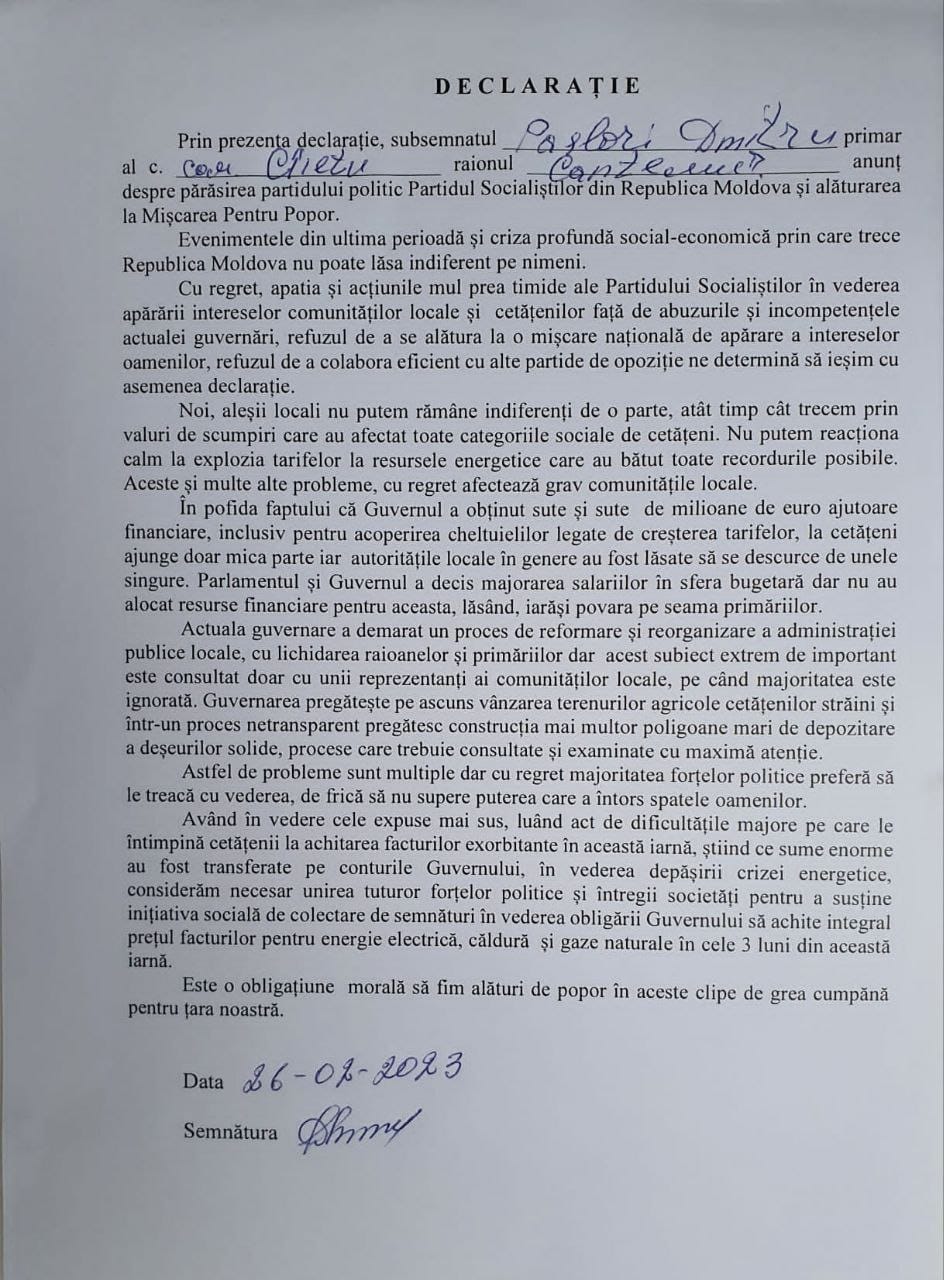 DOC// Nesterovschi ”le-a deschis calea”. Alți 10 primari PSRM au părăsit formațiunea și au anunțat că vor susține Mișcarea Națională pentru Popor