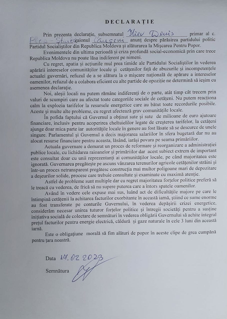 DOC// Nesterovschi ”le-a deschis calea”. Alți 10 primari PSRM au părăsit formațiunea și au anunțat că vor susține Mișcarea Națională pentru Popor