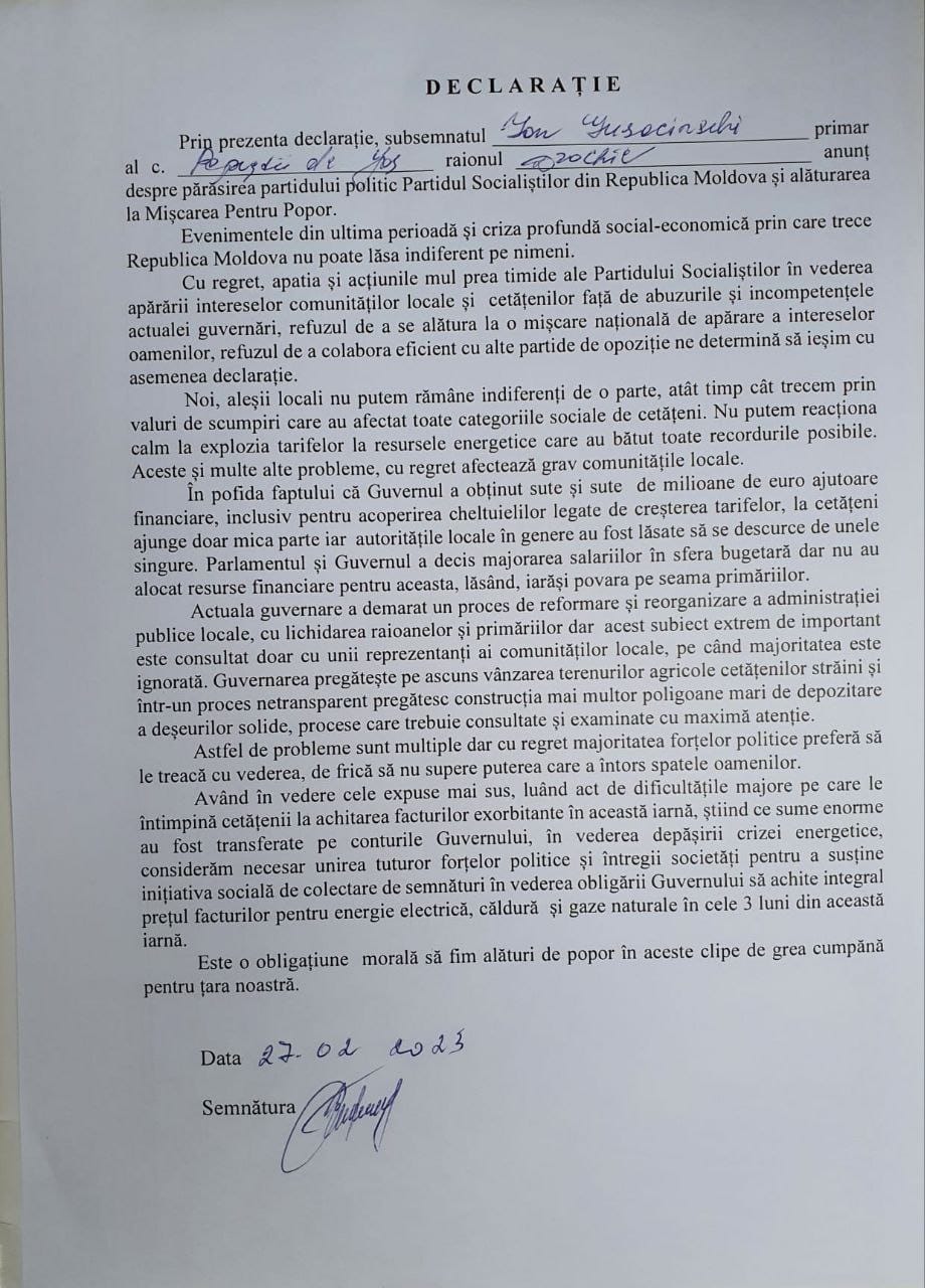 DOC// Nesterovschi ”le-a deschis calea”. Alți 10 primari PSRM au părăsit formațiunea și au anunțat că vor susține Mișcarea Națională pentru Popor