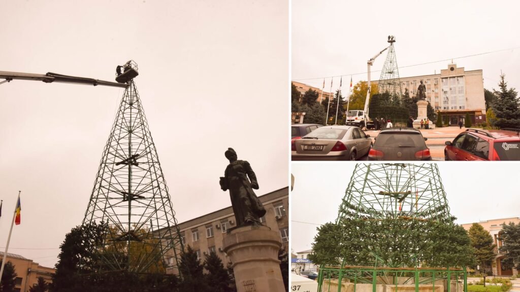 FOTO// Echipa lui Șor pregătește Orheiul pentru sărbătorile de iarnă: lucrările de instalare a celui mai înalt brad din țară sunt în plină desfășurare