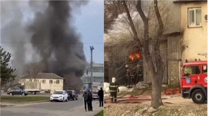 Arde un depozit cu materie primă pentru mobilier - Zece autospeciale luptă cu flăcările