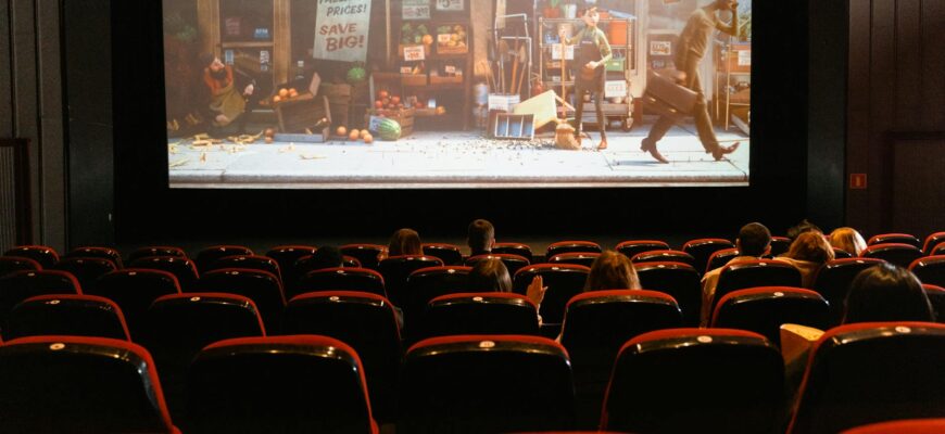 cartoon movie showing on theater screen