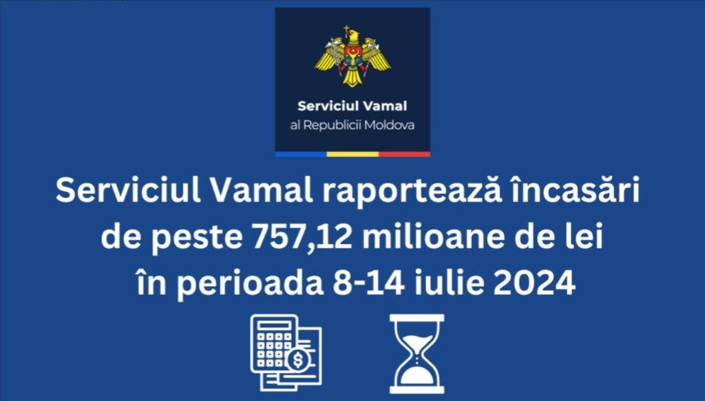 Serviciul Vamal raportează încasări de peste 757,12 milioane de lei în perioada 8-14 iulie 2024 1 Serviciul Vamal raportează încasări de peste 757,12 milioane de lei în perioada 8-14 iulie 2024