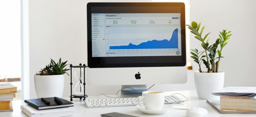 silver imac displaying line graph placed on desk