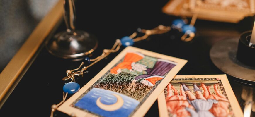 close up of tarot cards on a table
