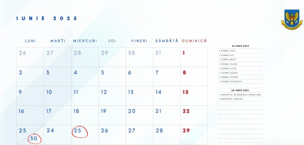 Calendarul fiscal al contribuabilului pentru luna iunie 2025
