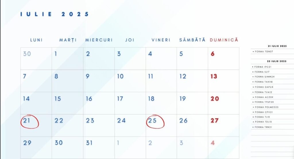 Calendarul fiscal al contribuabilului pentru luna iulie 2025