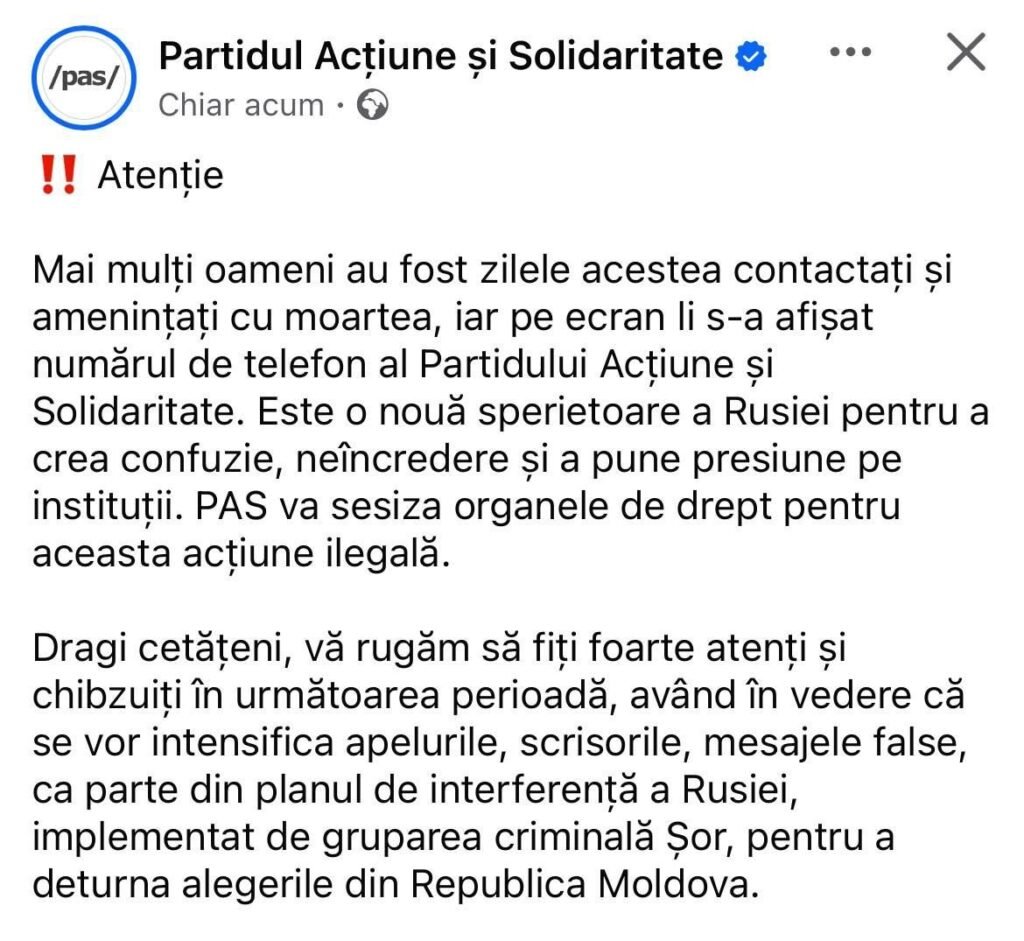 PAS acuză o campanie coordonată de Rusia și gruparea Șor pentru influențarea alegerilor: ”Mai mulți oameni sunt amenințați cu moartea” 2 PAS acuză o campanie coordonată de Rusia și gruparea Șor pentru influențarea alegerilor: ”Mai mulți oameni sunt amenințați cu moartea”