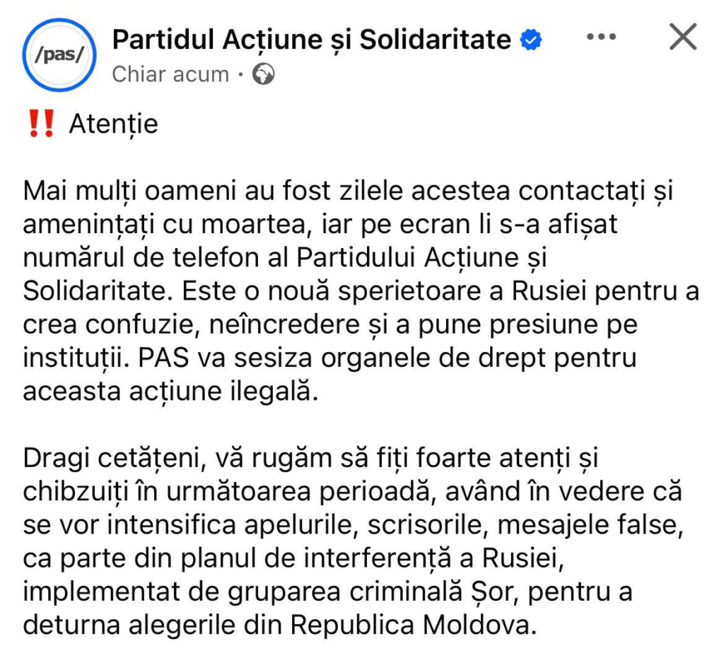 PAS acuză o campanie coordonată de Rusia și gruparea Șor pentru influențarea alegerilor: ”Mai mulți oameni sunt amenințați cu moartea”