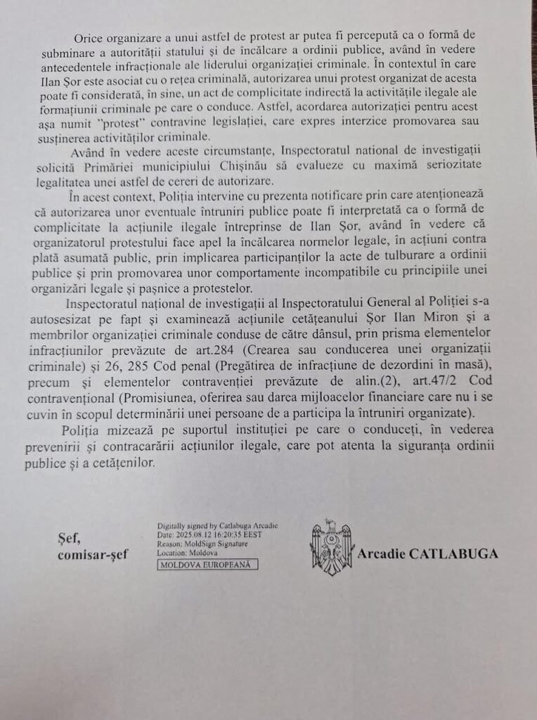 DOC// Primăria Chișinău, somată să refuze protestul finanțat de liderul organizației criminale Ilan Șor: ”Asta va însemna complicitate” 3 DOC// Primăria Chișinău, somată să refuze protestul finanțat de liderul organizației criminale Ilan Șor: ”Asta va însemna complicitate”