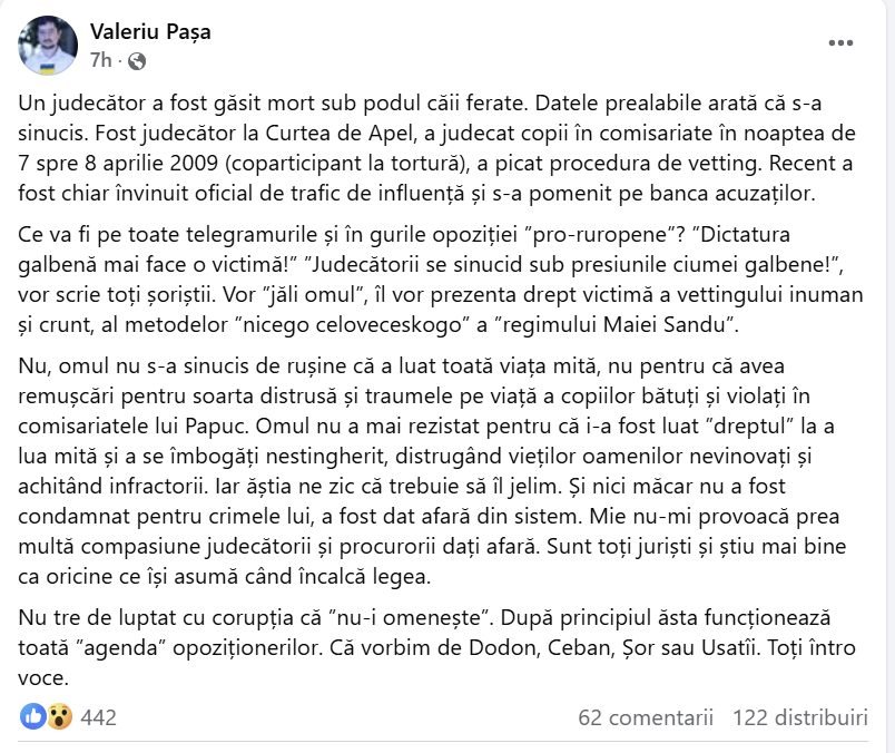 Valeriu Pașa despre judecătorul găsit împușcat sub un pod din Chișinău: ”S-a sinucis pentru că i-a fost luat dreptul de a mai lua mită” 2 Valeriu Pașa despre judecătorul găsit împușcat sub un pod din Chișinău: ”S-a sinucis pentru că i-a fost luat dreptul de a mai lua mită”