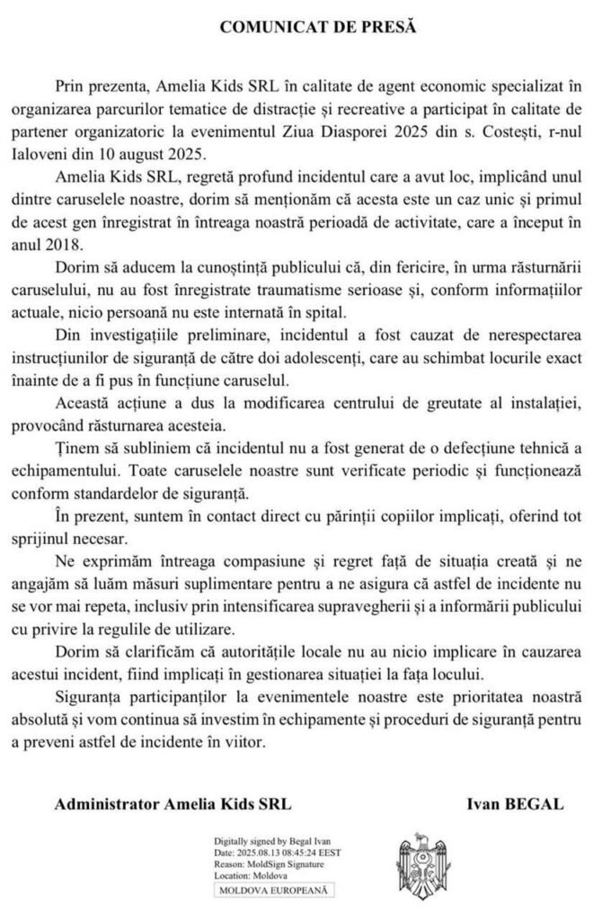 DOC// Prăbușirea caruselului din satul Costești a găsit vinovații: ”Doi copii și-au schimbat locurile, fapt care a dus la incident”
