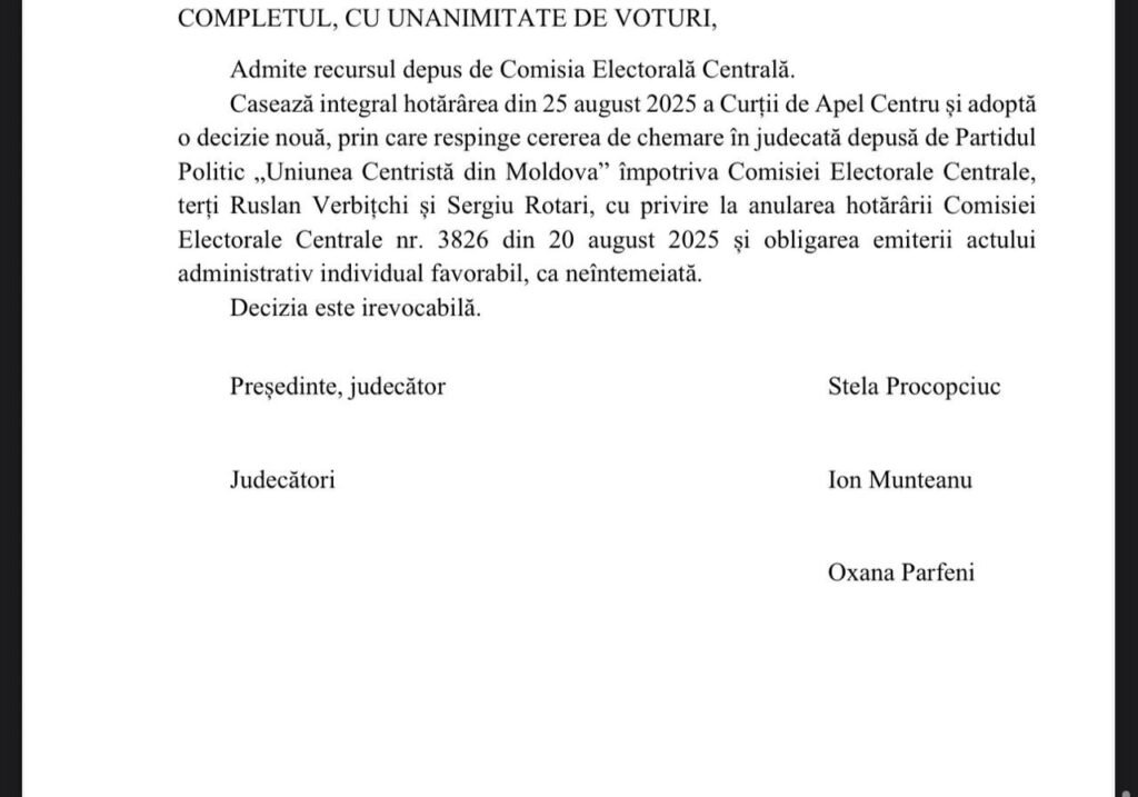DOC// Curtea Supremă de Justiție s-a expus. Partidele ”Moldova Mare” și ”Uniunea Centristă” nu vor participa la alegerile parlamentare din 28 septembrie 2025
