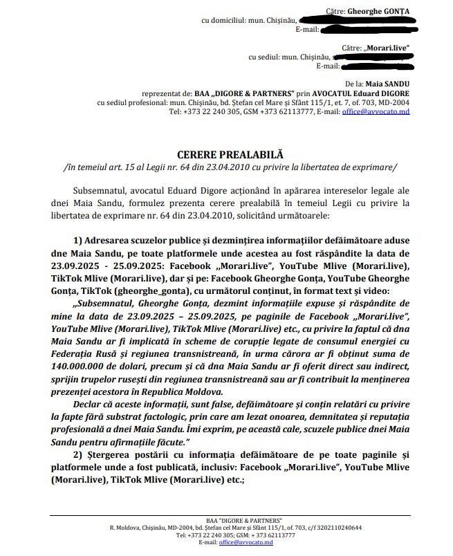 DOC// Maia Sandu îi cere jurnalistului Gheorghe Gonța 100 de mii de lei despăgubiri pentru prejudiciu moral 2 DOC// Maia Sandu îi cere jurnalistului Gheorghe Gonța 100 de mii de lei despăgubiri pentru prejudiciu moral