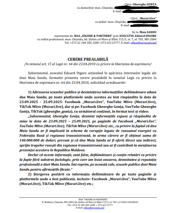 DOC// Maia Sandu îi cere jurnalistului Gheorghe Gonța 100 de mii de lei despăgubiri pentru prejudiciu moral