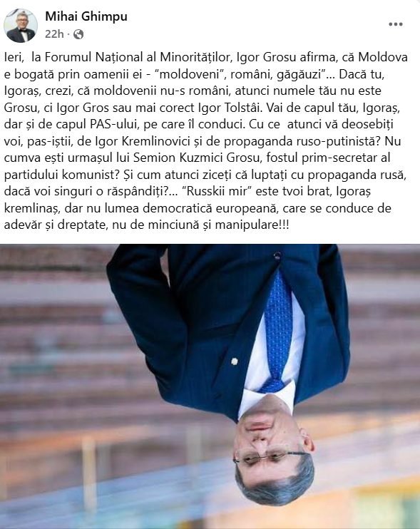 Mihai Ghimpu îl acuză pe Igor Grosu de narative pro-Kremlin: ”Dacă tu, Igoraș, crezi, că moldovenii nu-s români, atunci cu ce vă deosebiți de propaganda ruso-putinistă?”