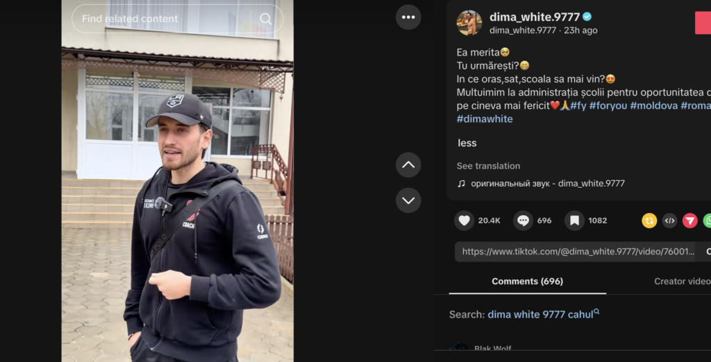 Vloggerul Dima White, cercetat penal pentru pornografie infantilă și trafic de copii, face conținut video cu copiii prin școlile din Republica Moldova