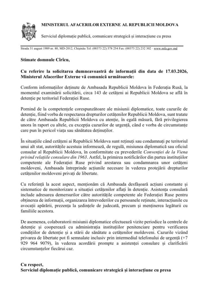 DOC// Peste 140 moldoveni se află în detenție în Federația Rusă