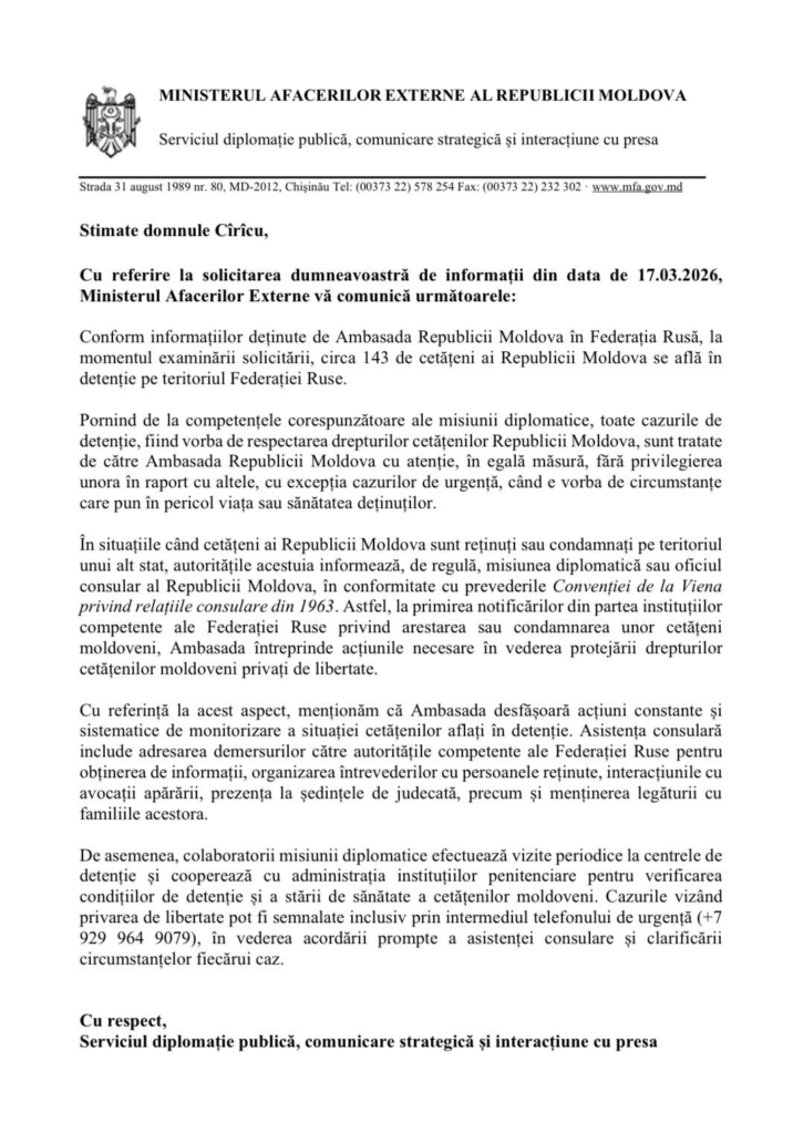 DOC// Peste 140 moldoveni se află în detenție în Federația Rusă