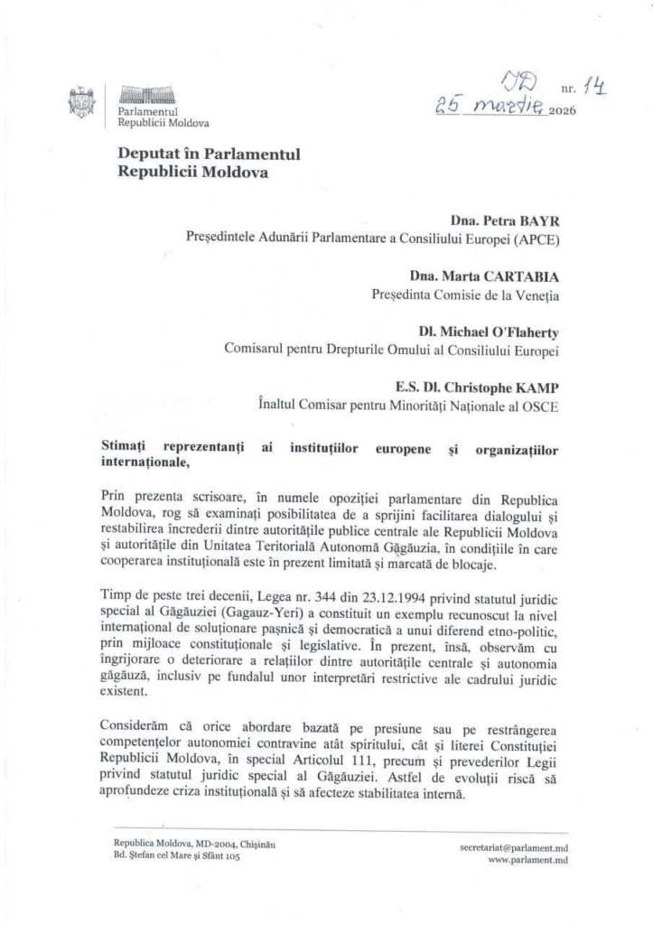 DOC// Deputații din opoziție au îndemnat organizațiile internaționale să contribuie la restabilirea dialogului cu Găgăuzia