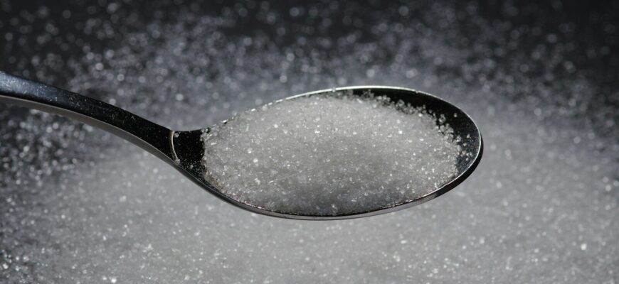 a spoon filled with sugar on top of a table