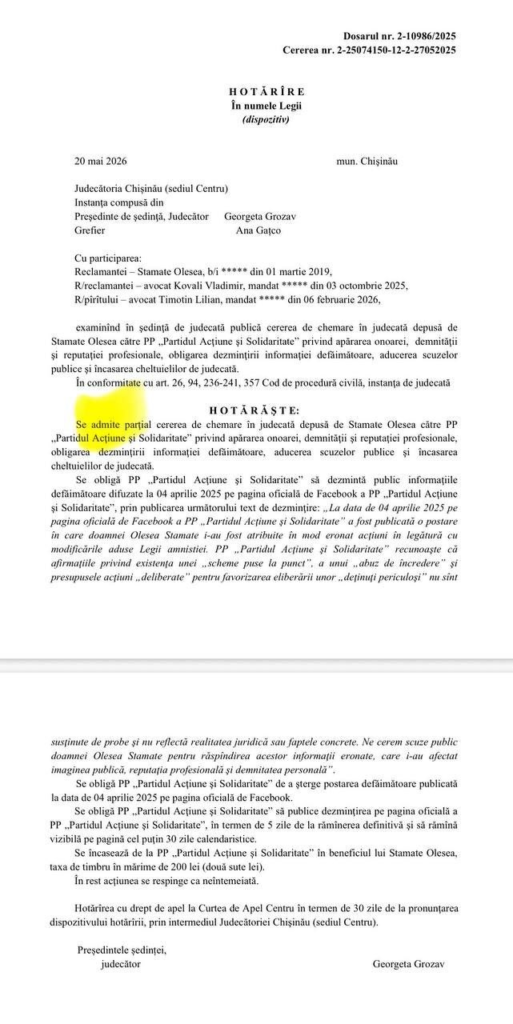 DOC// PAS obligat de prima instanță să șteargă postarea despre Olesea Stamate și să prezinte scuze publice în scandalul amnistiei