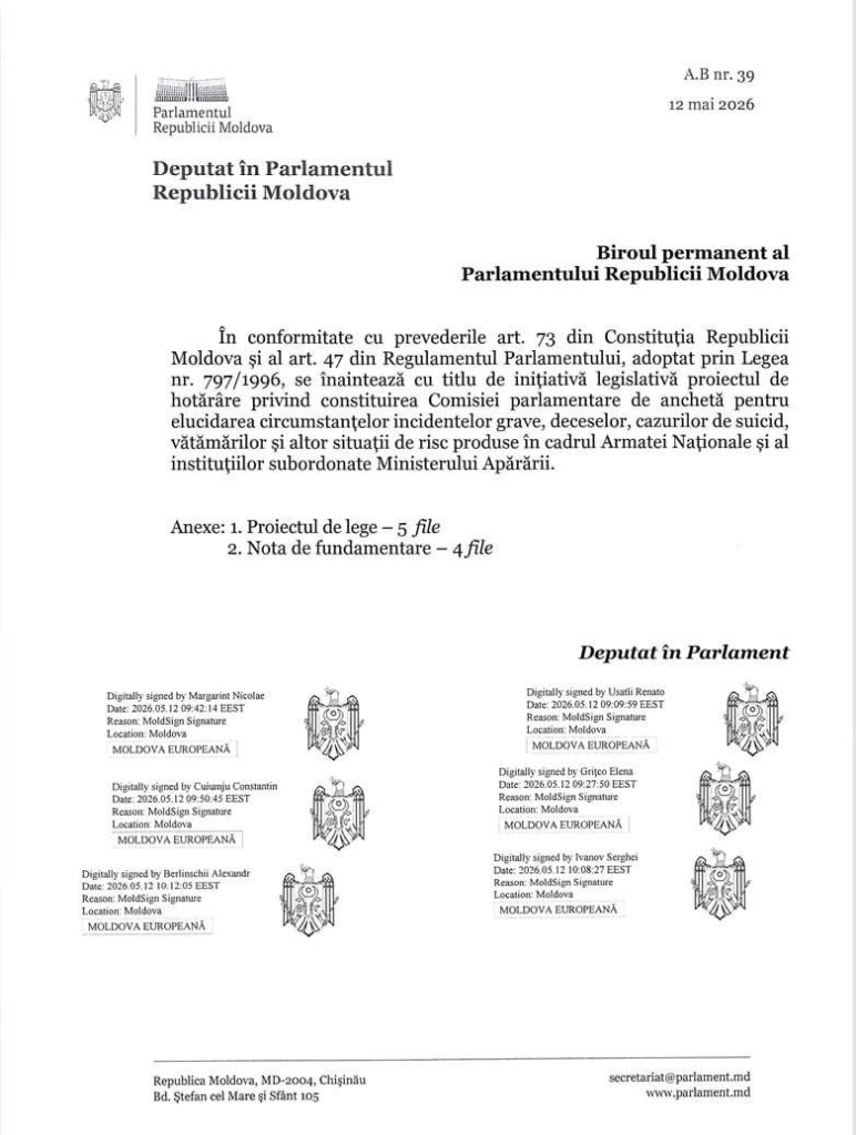 DOC// Fracțiunea Partidului Nostru cere crearea unei comisii parlamentare de anchetă privind incidentele grave din Armată